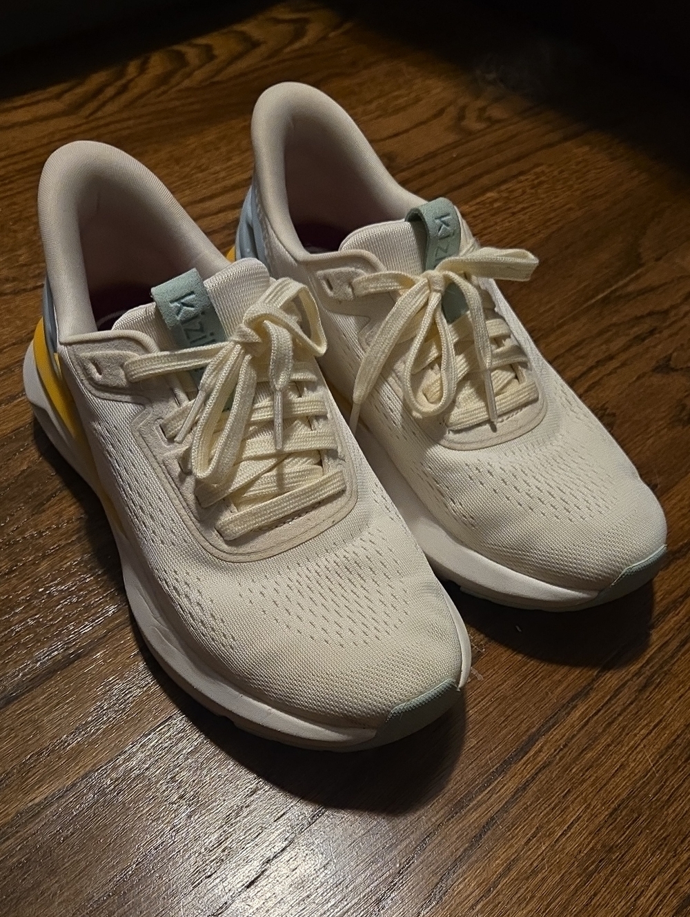 Kizik Athens 2 Women’s Cream Knit Lace-Up Sneakers with Yellow Accent